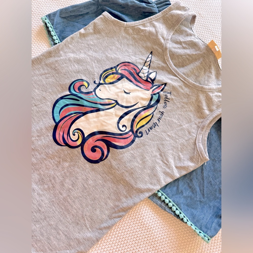 SELF ESTEEM 2 Piece Girls Grey Rainbow Unicorn Tank Top & Blue Denim Shorts Set - Picture 4 of 14
